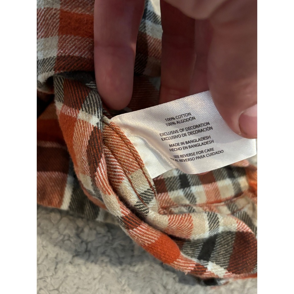 Eddie Bauer Mens Large Plaid Flannel Shirt Orange Black White Long Sleeve Cotton - Picture 5 of 7